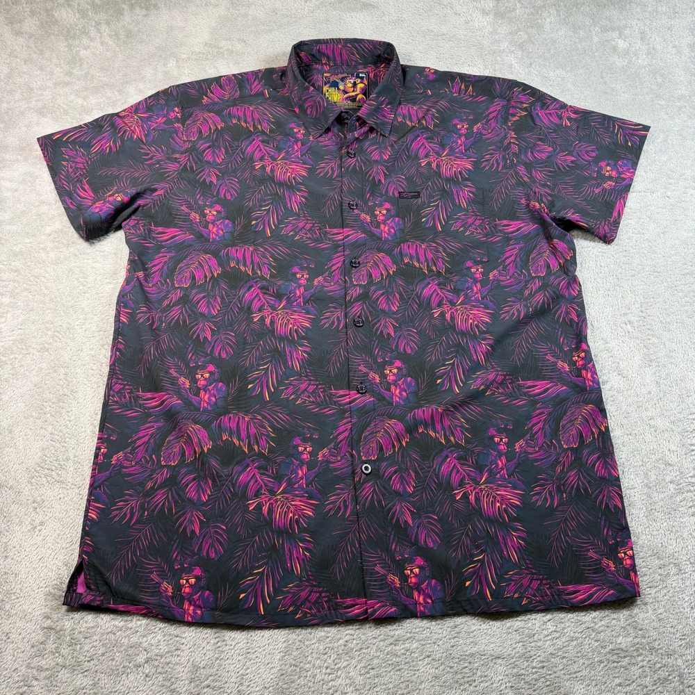 Retro Rifle Chill Chimp Button Up Shirt Mens 2XL Black Tropical Monkey Gun Print
